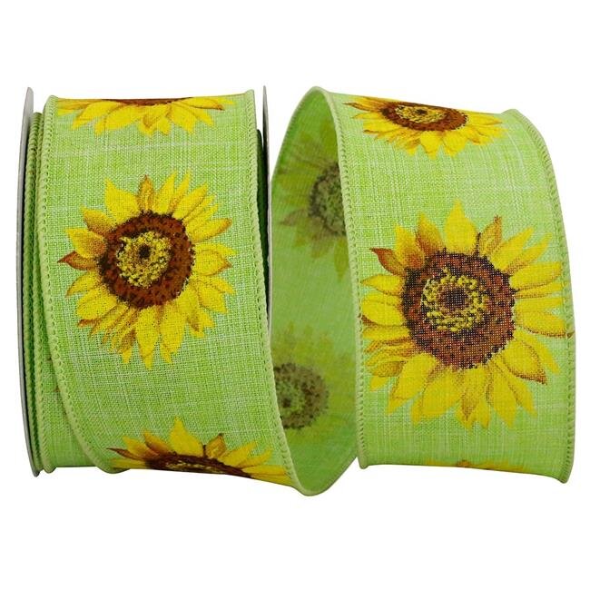 20.5 in. 10 Yards Sunflower Linen Wired Edge Ribbon, Lime